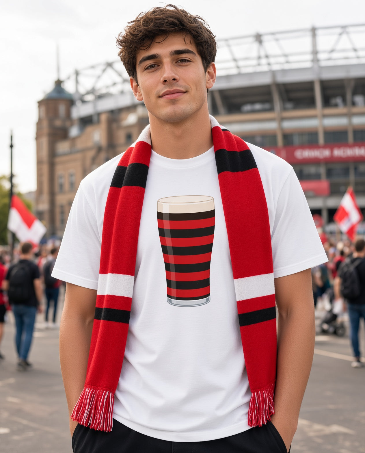 Male model wearing a white Blackheath rugby Mega Pint t-shirt with a red and black striped pint glass graphic and a red scarf, photographed in a London match day crowd for Blackheath and England supporters
