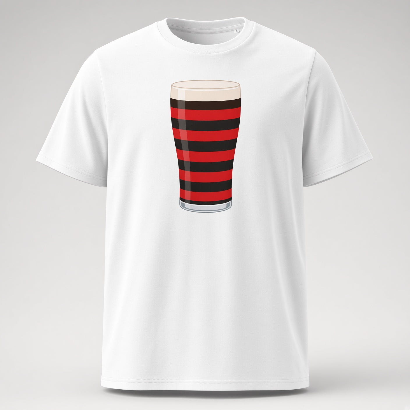 White Blackheath rugby Mega Pint t-shirt with a red and black striped pint glass graphic for Blackheath supporters in South East London, ideal for match days and England fans