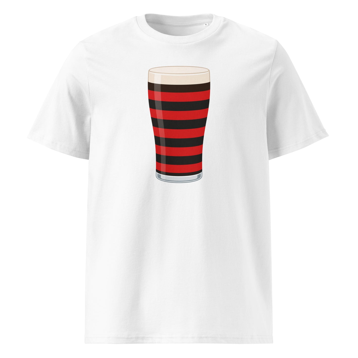 Front view of a white unisex organic cotton Blackheath rugby Mega Pint t-shirt featuring a red and black striped pint glass graphic for Blackheath supporters in South East London and England fans
