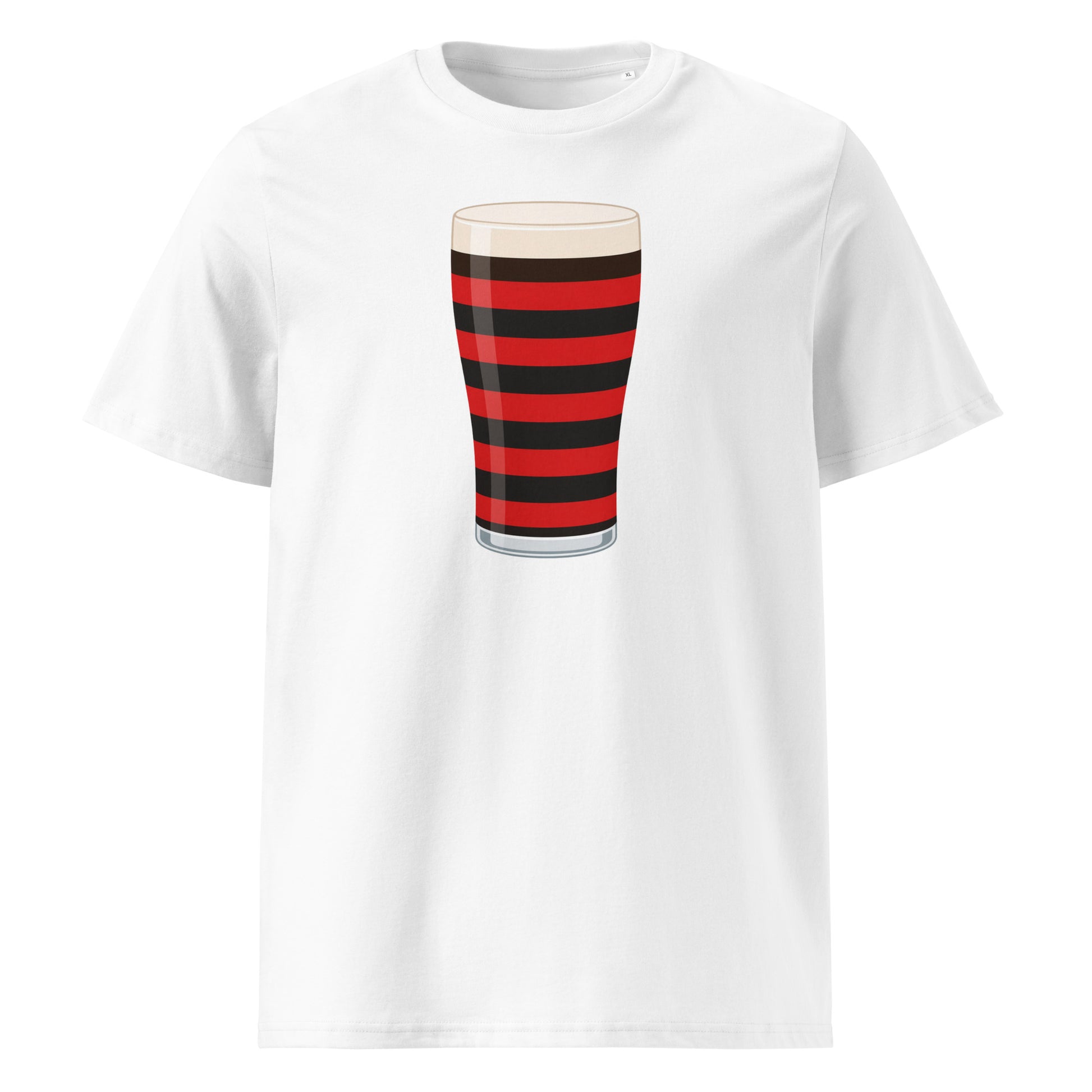 Front view of a white unisex organic cotton Blackheath rugby Mega Pint t-shirt featuring a red and black striped pint glass graphic for Blackheath supporters in South East London and England fans
