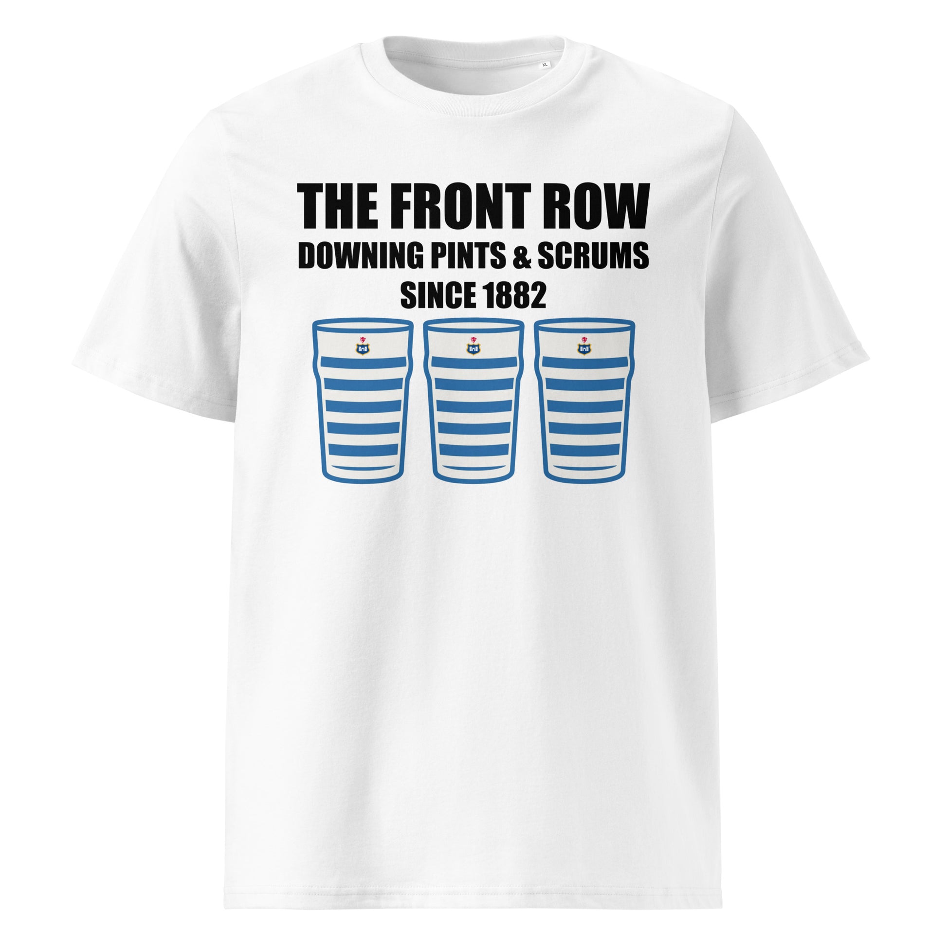 White Blackrock College RFC rugby t-shirt with black slogan text and three pint glasses in blue and white striped club colours.