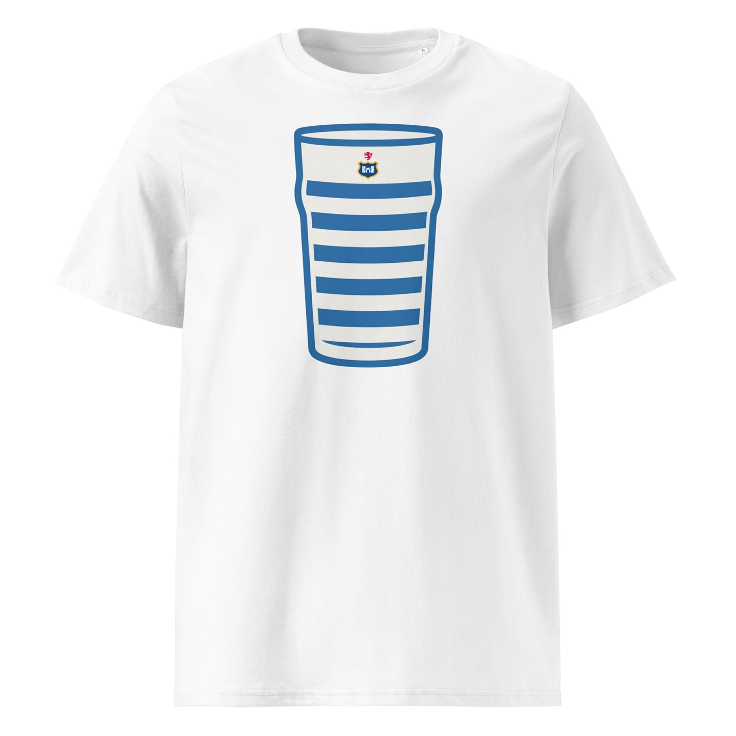 White Blackrock Mega Pint Rugby T-Shirt featuring a pint glass graphic in blue and white striped club colours.