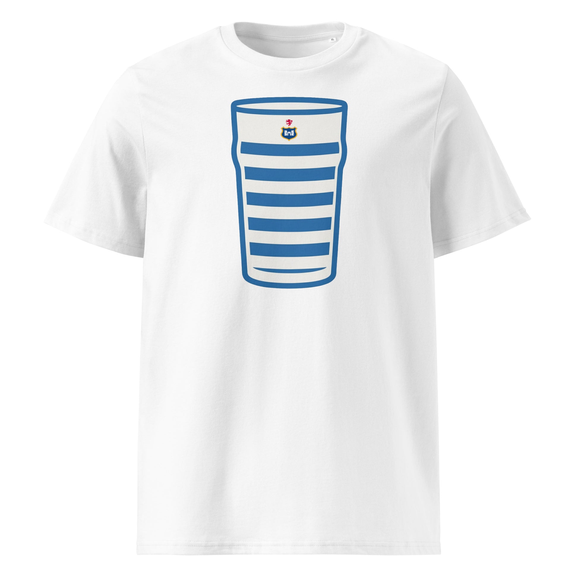 White Blackrock Mega Pint Rugby T-Shirt featuring a pint glass graphic in blue and white striped club colours.