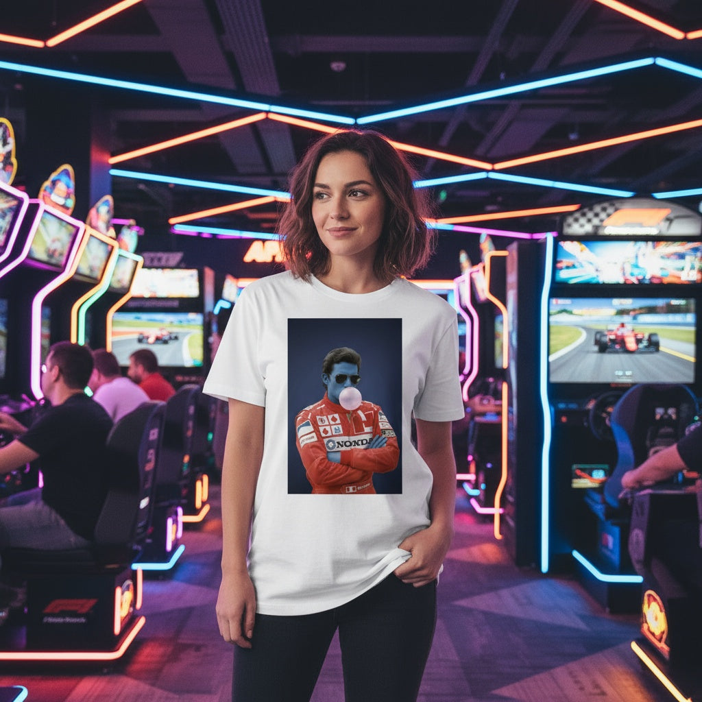 Young woman wearing TheTeeShop’s Blue Ayrton Bubble Gum T-Shirt from the Paddock Collection, standing in a neon-lit arcade with racing simulators and F1 games in the background, highlighting motorsport-inspired streetwear.