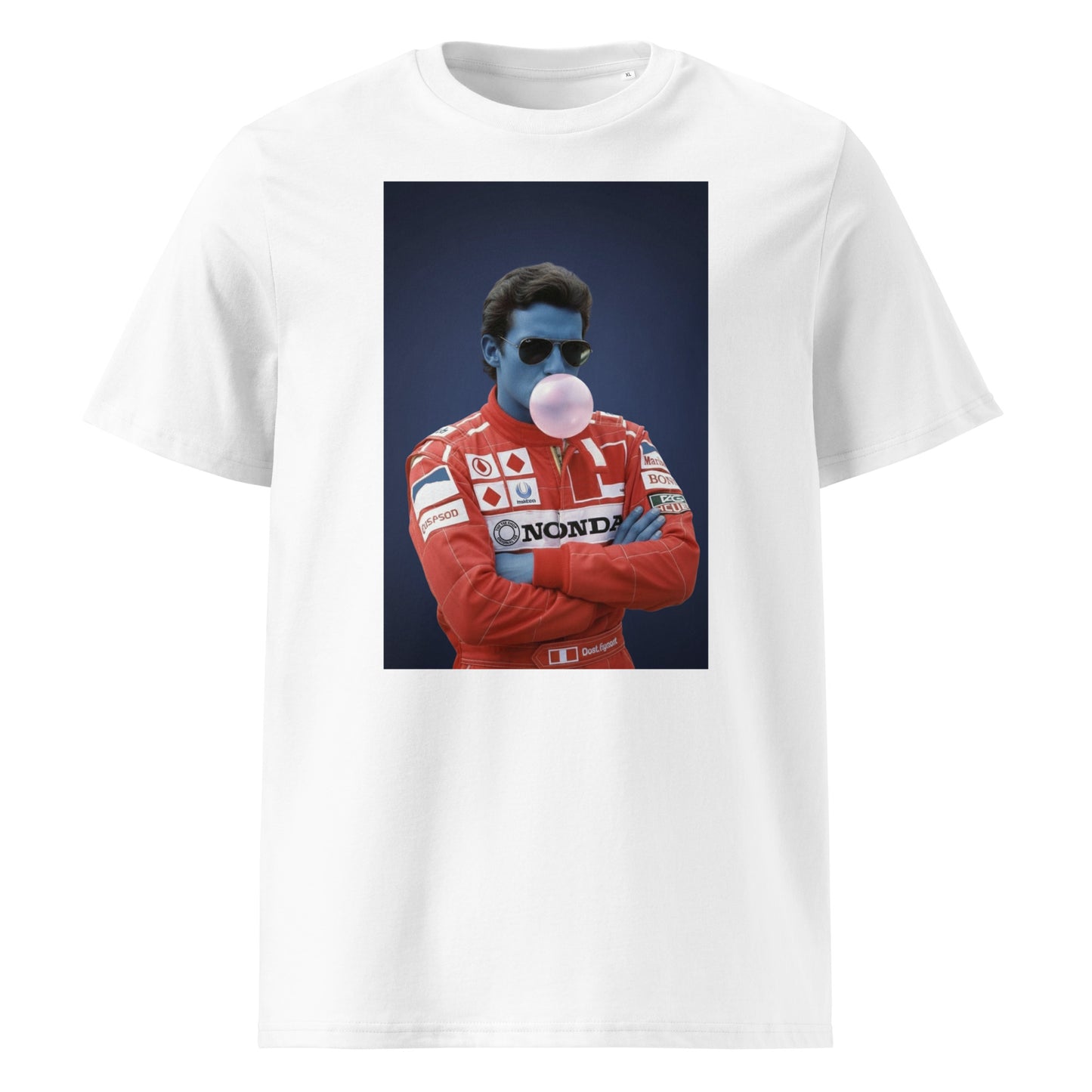 Paddock Collection Blue Ayrton Bubble Gum t-shirt featuring a blue-skinned racing driver in red Honda suit, unisex organic cotton motorsport tee