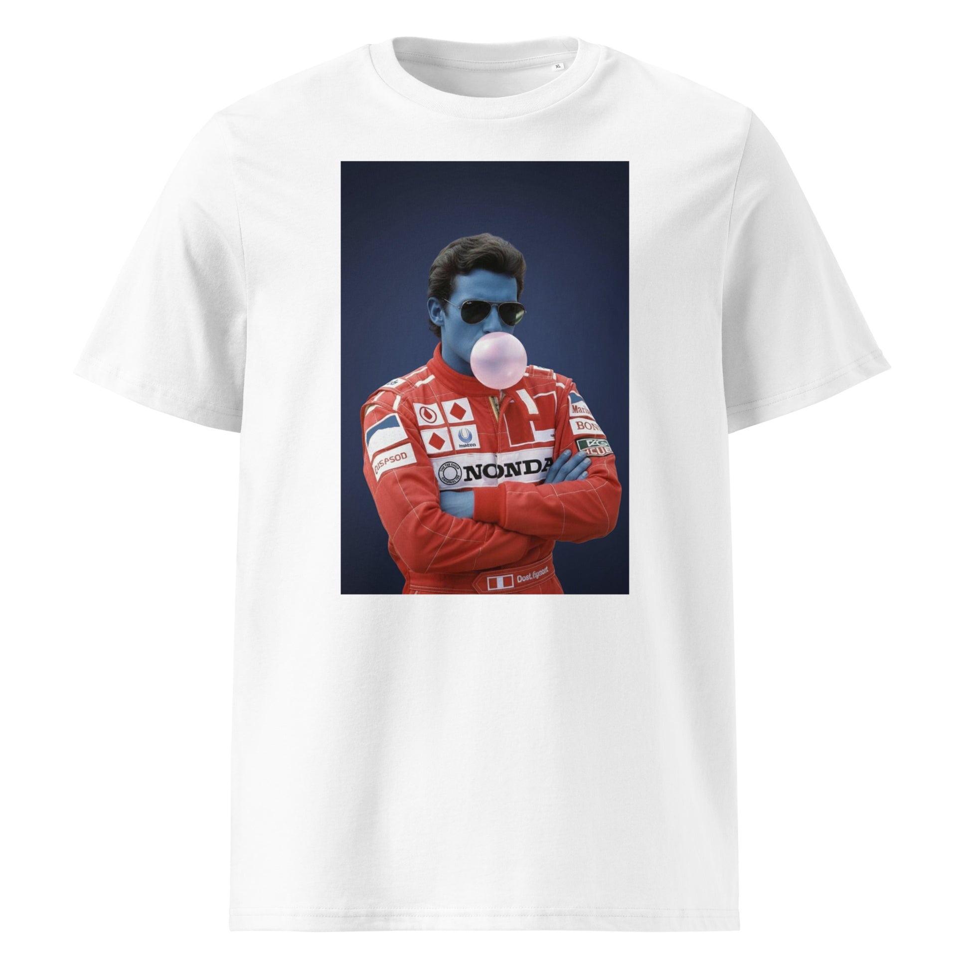 Paddock Collection Blue Ayrton Bubble Gum t-shirt featuring a blue-skinned racing driver in red Honda suit, unisex organic cotton motorsport tee