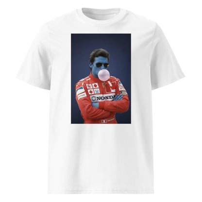 Paddock Collection Blue Ayrton Bubble Gum t-shirt featuring a blue-skinned racing driver in red Honda suit, unisex organic cotton motorsport tee