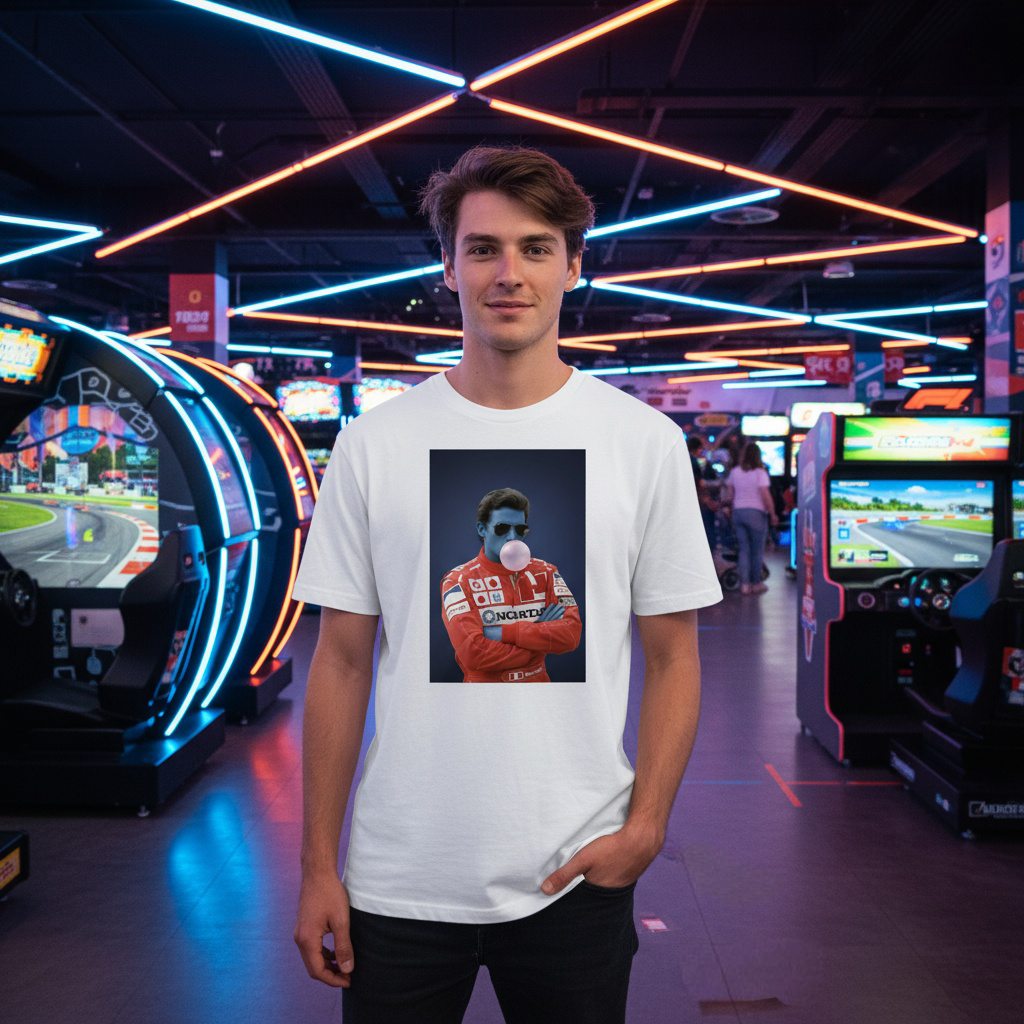 Young man wearing TheTeeShop’s Blue Ayrton Bubble Gum T-Shirt from the Paddock Collection, standing in a neon-lit arcade with retro racing game machines, showcasing unique motorsport-inspired casual wear.