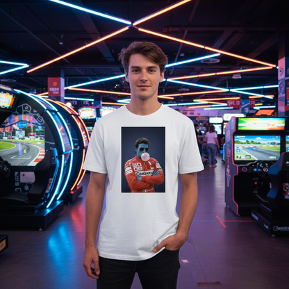 Young man wearing TheTeeShop’s Blue Ayrton Bubble Gum T-Shirt from the Paddock Collection, standing in a neon-lit arcade with retro racing game machines, showcasing unique motorsport-inspired casual wear.