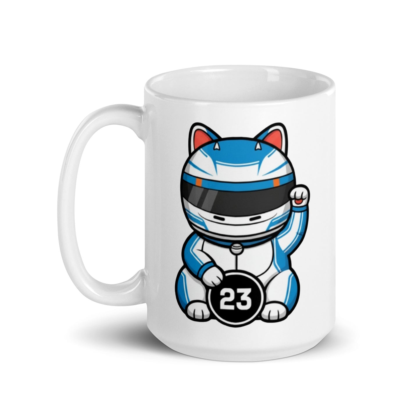 Glossy ceramic mug with a helmeted lucky cat in blue/white gear and a #23 coin ideal gift for fans who love clean design and calm pace.