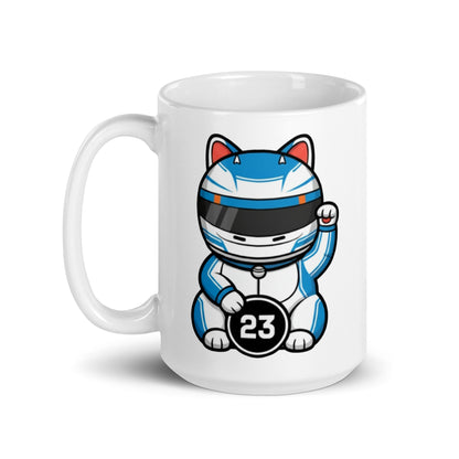 Glossy ceramic mug with a helmeted lucky cat in blue/white gear and a #23 coin ideal gift for fans who love clean design and calm pace.