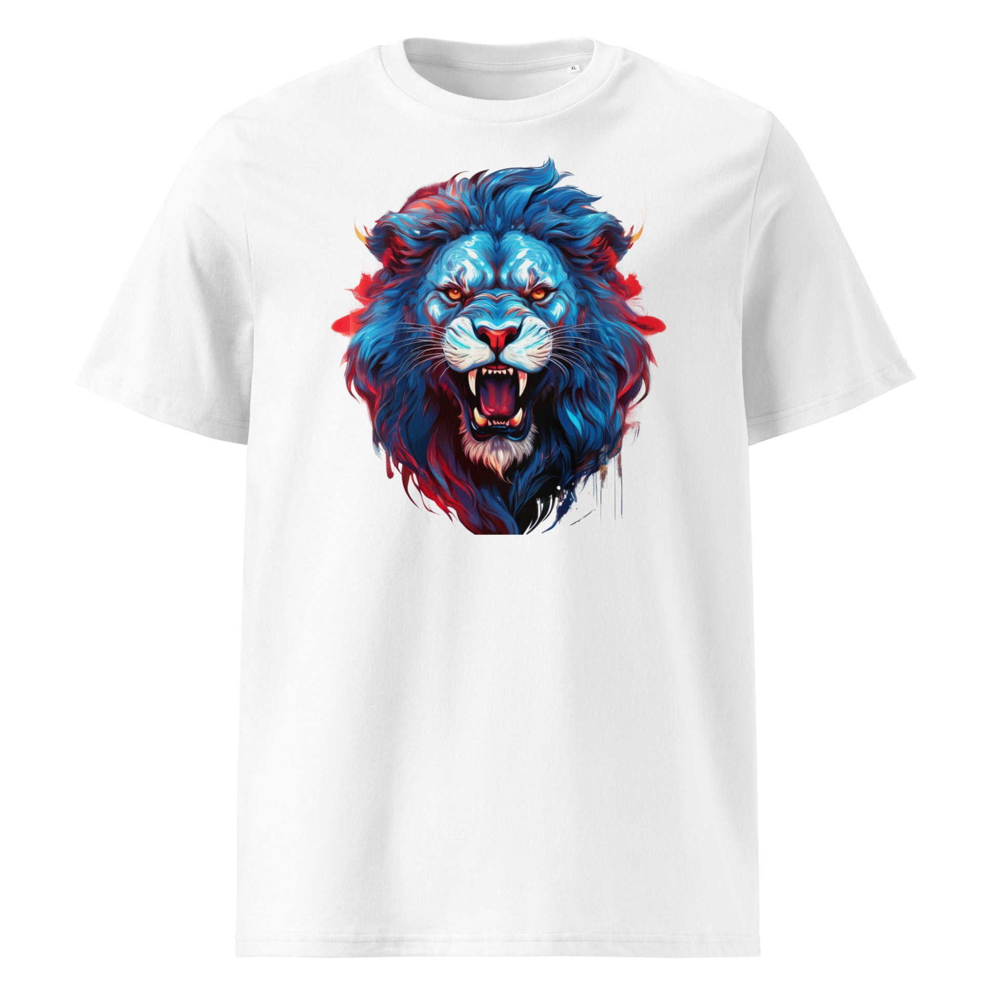 Front of the t-shirt featuring a roaring blue lion with red accents on a white background – ideal for Leinster and Lions Tour rugby fans.