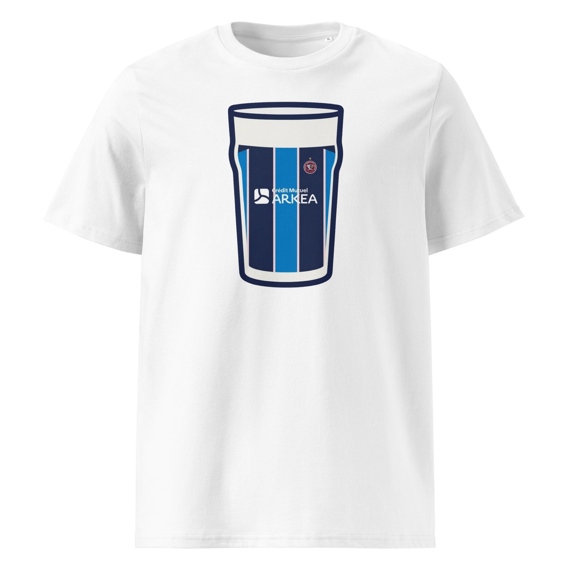 White Bordeaux Bègles European Mega Pint Rugby T-Shirt with navy and sky blue pint glass graphic, Crédit Mutuel Arkéa sponsor detail and Bordeaux Bègles crest.