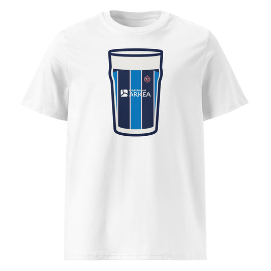 White Bordeaux Bègles European Mega Pint Rugby T-Shirt with navy and sky blue pint glass graphic, Crédit Mutuel Arkéa sponsor detail and Bordeaux Bègles crest.