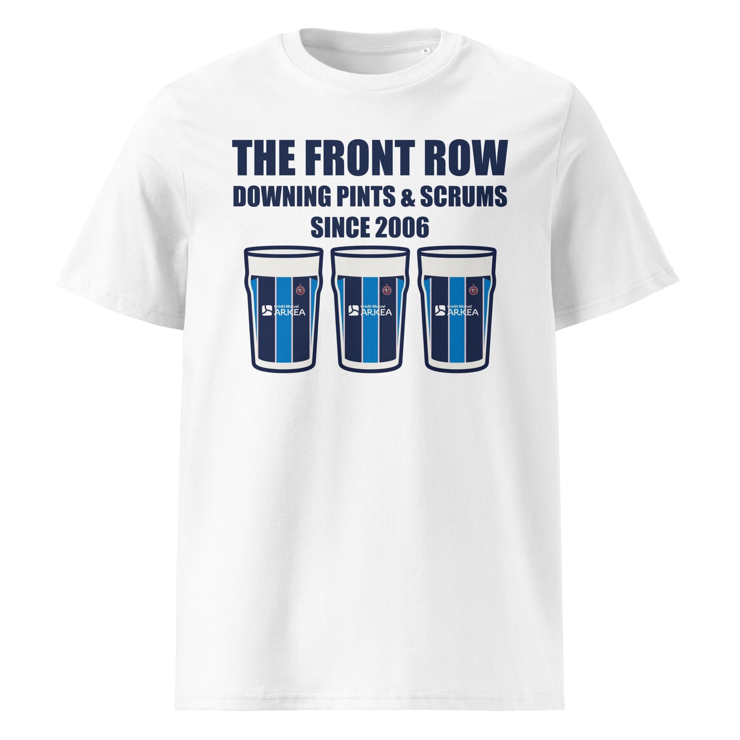 White Bordeaux Bègles European rugby t-shirt with navy slogan text reading The Front Row Downing Pints & Scrums Since 2006 and three pint glasses styled in UBB European colours.