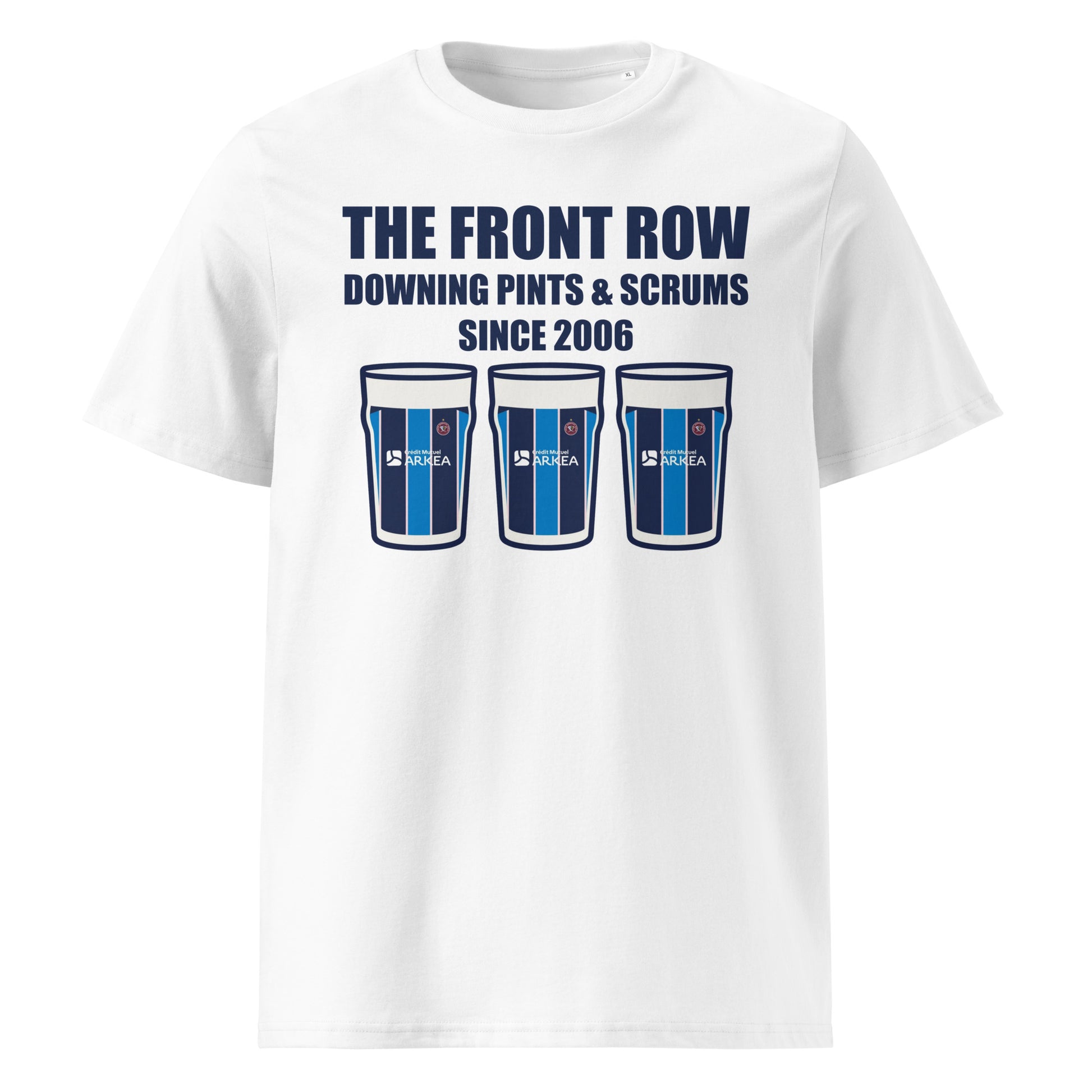 White Bordeaux Bègles European rugby t-shirt with navy slogan text reading The Front Row Downing Pints & Scrums Since 2006 and three pint glasses styled in UBB European colours.