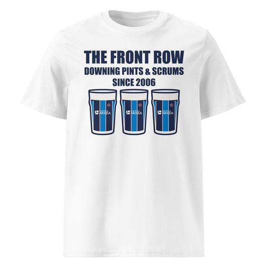 White Bordeaux Bègles European rugby t-shirt with navy slogan text reading The Front Row Downing Pints & Scrums Since 2006 and three pint glasses styled in UBB European colours.