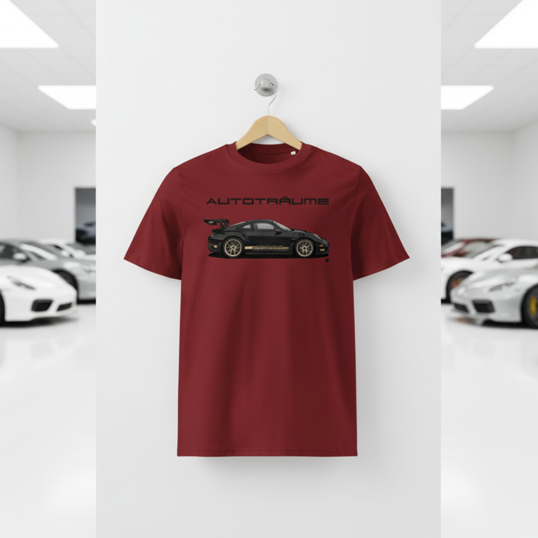 Burgundy AUTOTRÄUME GT3 T‑shirt with a black Porsche‑style car and gold highlights illustration hanging on a premium wooden hanger and silver wall peg against a central white wall in a bright sports car gallery, with a glossy white floor and blurred white and silver sports cars running down both sides.
