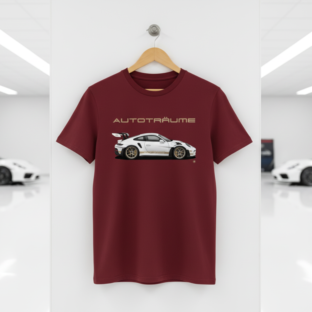 Burgundy unisex organic cotton AUTOTRÄUME GT3 RS T-shirt featuring a large, centred white Porsche-style GT3 RS car graphic with gold details hanging on a premium wooden hanger with a silver wall peg against a clean white wall panel in a bright modern sports car gallery with glossy floors and blurred white and silver sports cars on both sides.