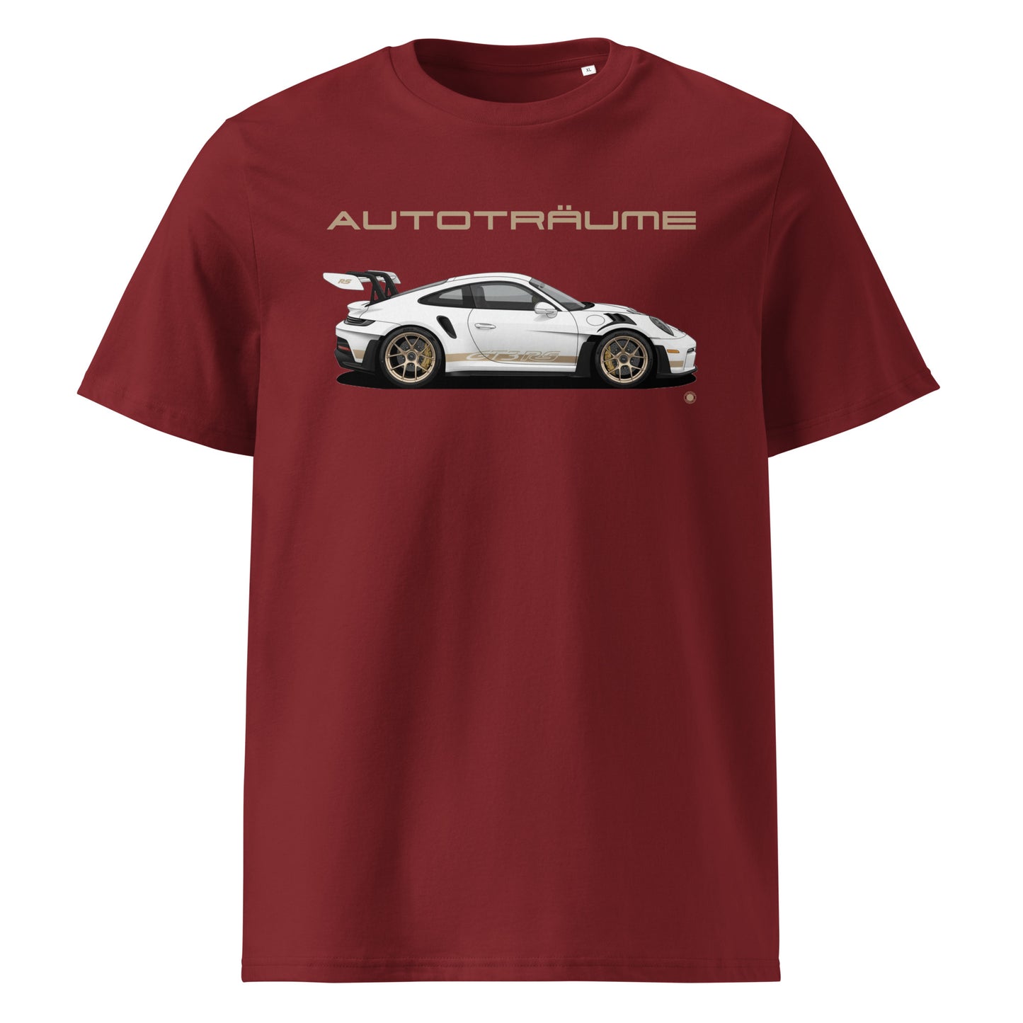 Burgundy AUTOTRÄUME Porsche GT3 RS T-Shirt with Gold Detail Front View