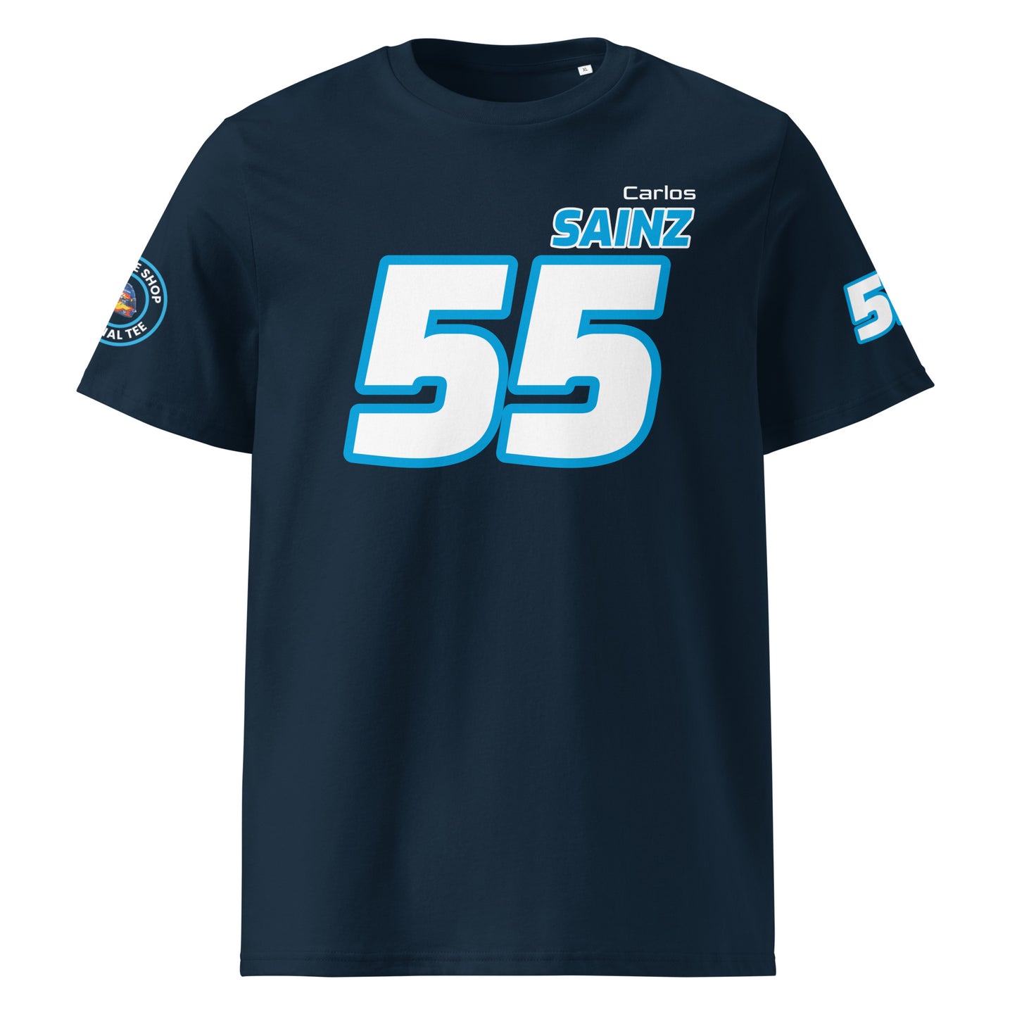 View the front of the navy Carlos Sainz T-Shirt, featuring "Carlos Sainz" and the number "55" in blue. Perfect for F1 fans and petrol heads.