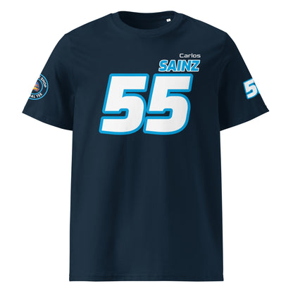 View the front of the navy Carlos Sainz T-Shirt, featuring "Carlos Sainz" and the number "55" in blue. Perfect for F1 fans and petrol heads.