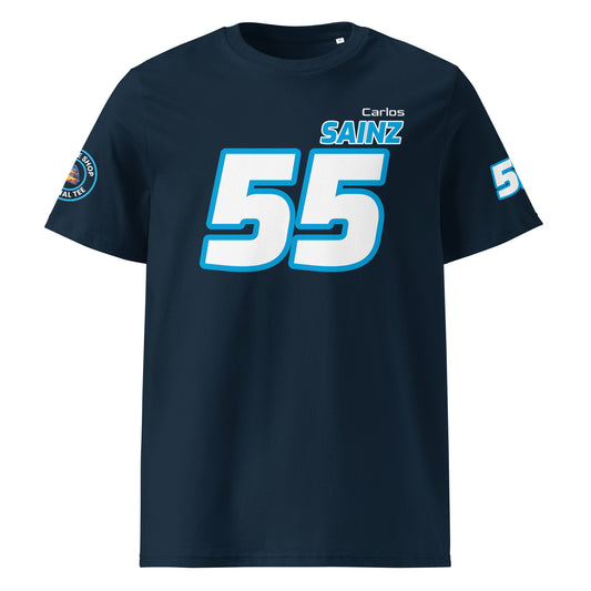 View the front of the navy Carlos Sainz T-Shirt, featuring "Carlos Sainz" and the number "55" in blue. Perfect for F1 fans and petrol heads.