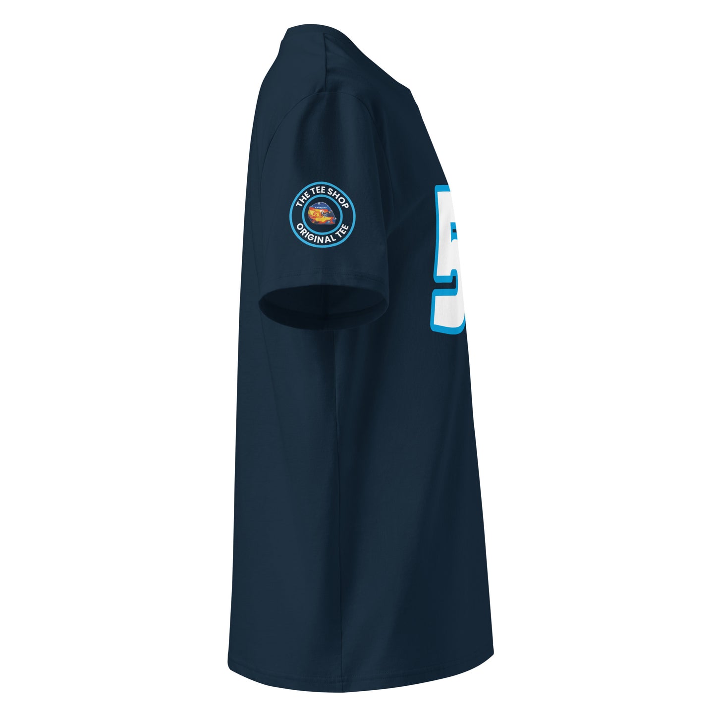 Check out the right sleeve of the navy Carlos Sainz T-Shirt, showcasing TheTeeShop logo with a unique image correlating to Carlos Sainz.