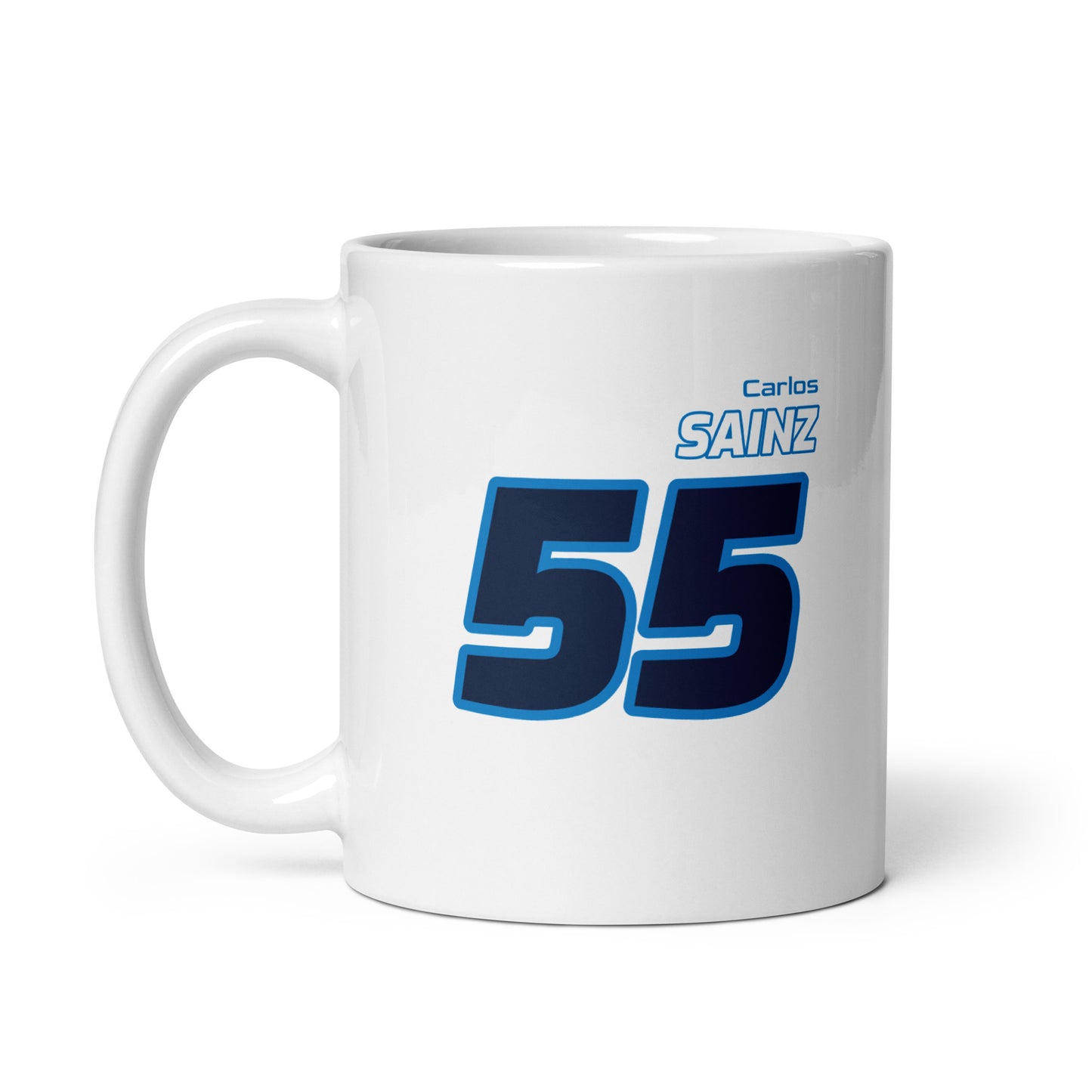 The Carlos Sainz Racing Mug featuring Carlos's name and number "55" in vibrant Williams team colours. Ideal for enjoying a brew while watching the Grand Prix.