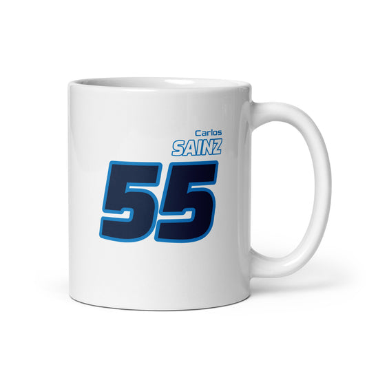 The Carlos Sainz Racing Mug showcasing Carlos's name and number "55" in bold Williams team colours of blue. Perfect for motorsport fans and collectors.