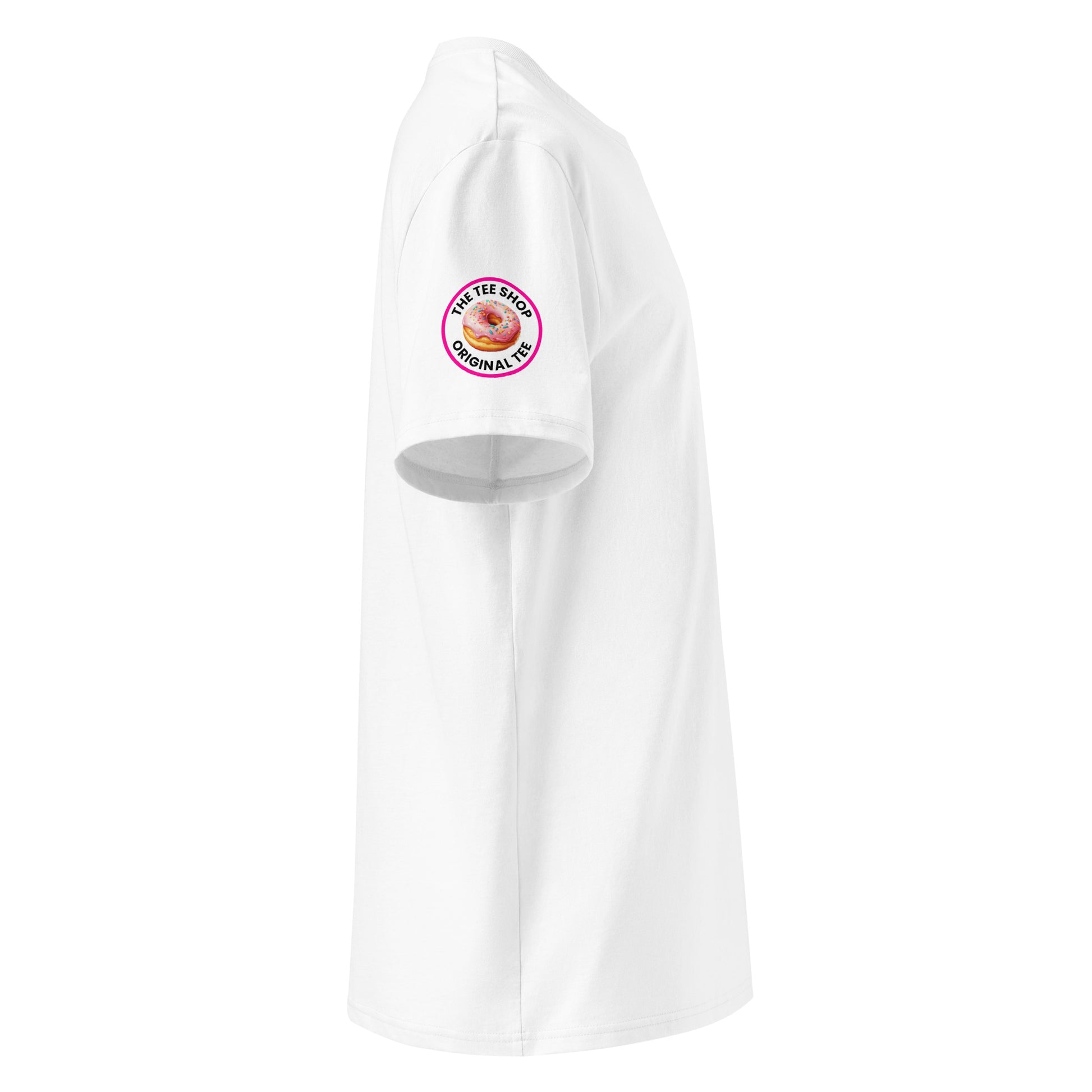 Right side view of white t-shirt showing The Tee Shop donut logo patch on the sleeve. Minimalist design with small chest print for car enthusiasts. DTF print, soft cotton.