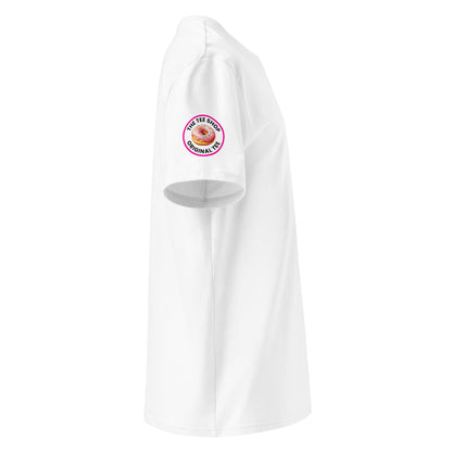 Right side view of white t-shirt showing The Tee Shop donut logo patch on the sleeve. Minimalist design with small chest print for car enthusiasts. DTF print, soft cotton.
