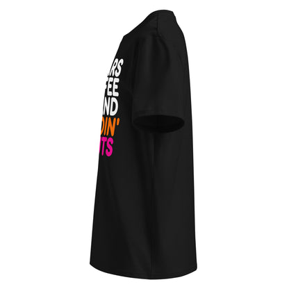 Left side view of black car meet t-shirt showing The Tee Shop donut logo patch on the sleeve and part of the colourful slogan. DTF print, durable and eye-catching for petrolheads.