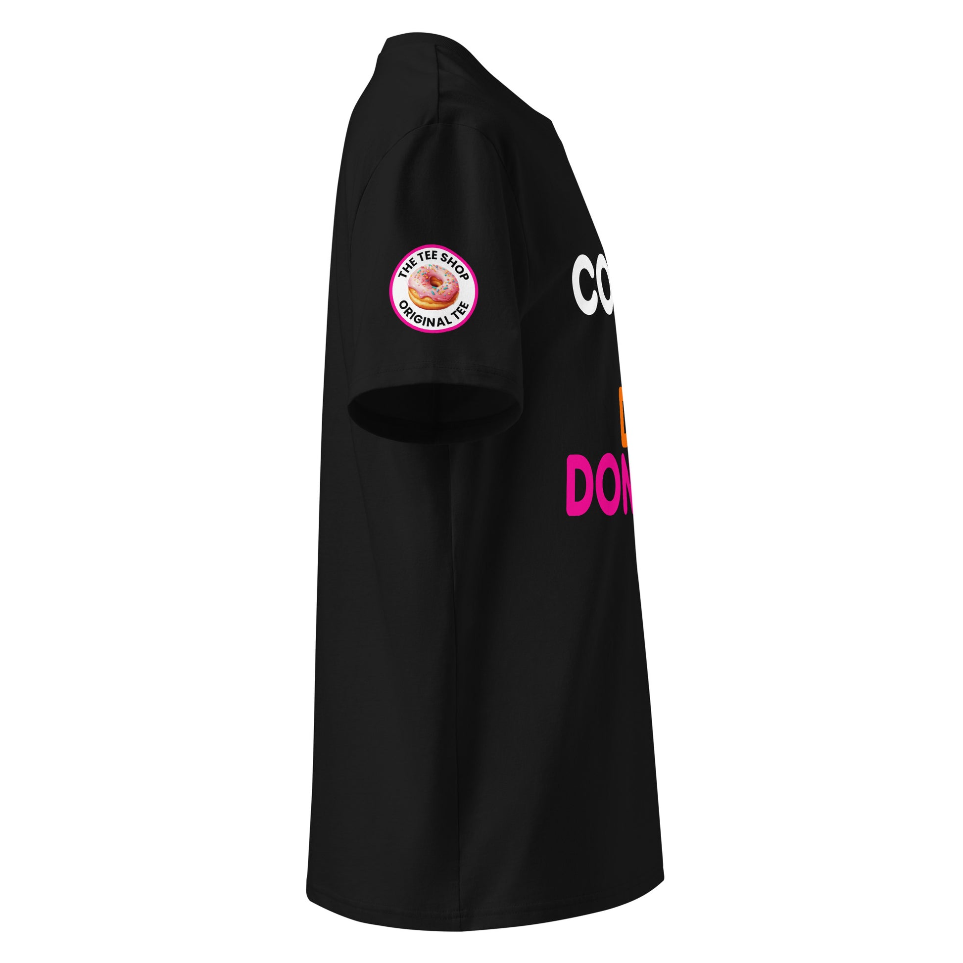 Right side view of black car meet t-shirt showing The Tee Shop donut logo patch on the sleeve and part of the colourful slogan. DTF print, durable and eye-catching for petrolheads.