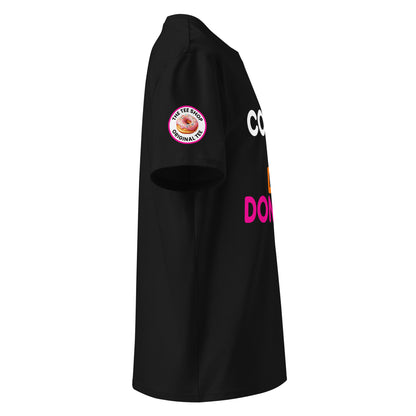 Right side view of black car meet t-shirt showing The Tee Shop donut logo patch on the sleeve and part of the colourful slogan. DTF print, durable and eye-catching for petrolheads.