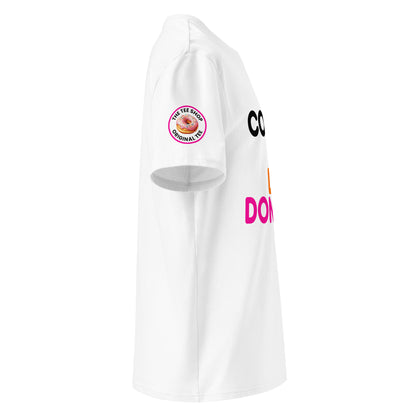 Left side view of white unisex t-shirt for car enthusiasts. Plain sleeve, visible side of bold “Cars Coffee and Doin’ Donuts” slogan on chest. Made for car meets and coffee lovers.