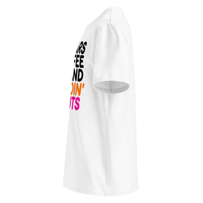 Right side view of white car meet t-shirt showing The Tee Shop’s donut logo patch on the sleeve and partial colourful slogan. Organic cotton, designed for petrolheads.