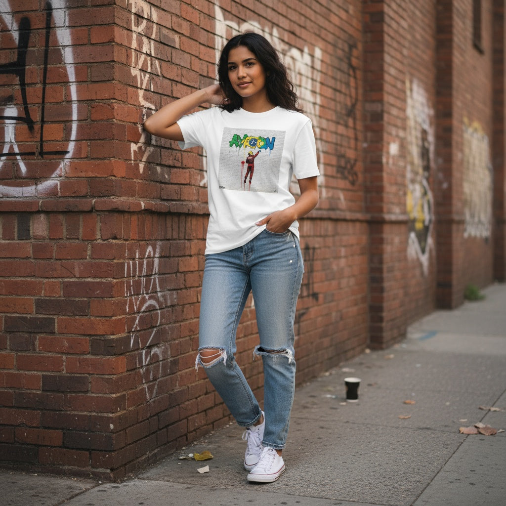 Young woman casually posing in ripped jeans and TheTeeShop’s Ayrton Senna street art graffiti t-shirt from the Paddock Collection, standing against a graffiti-covered brick wall in an urban setting.