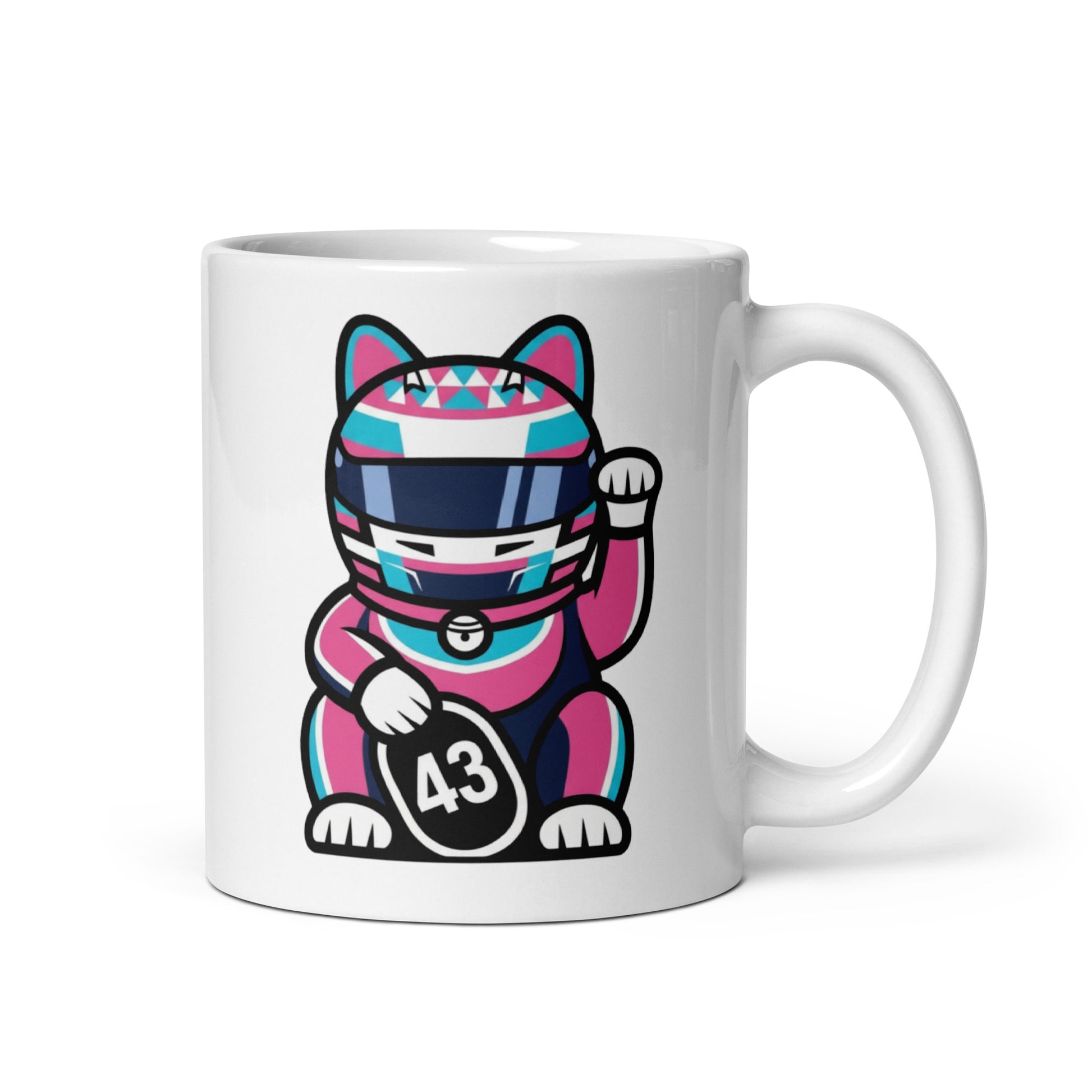 Motorsport-inspired lucky cat mug with bright helmet graphics and #43 coin detail built for fans who loved that lightning-fast reaction moment.