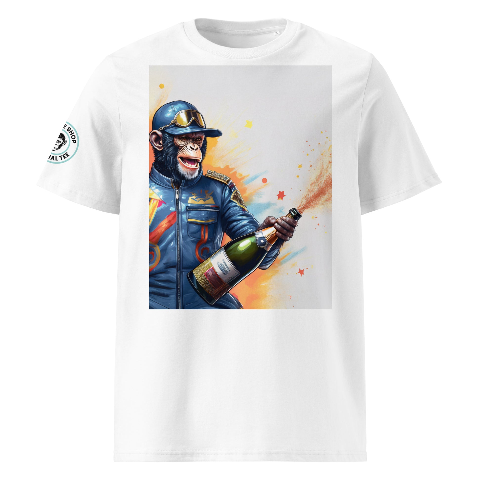 Front view of Champers Monkey 1.0 t-shirt featuring a monkey in racing gear spraying champagne, pastel design.
