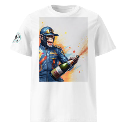 Front view of Champers Monkey 1.0 t-shirt featuring a monkey in racing gear spraying champagne, pastel design.