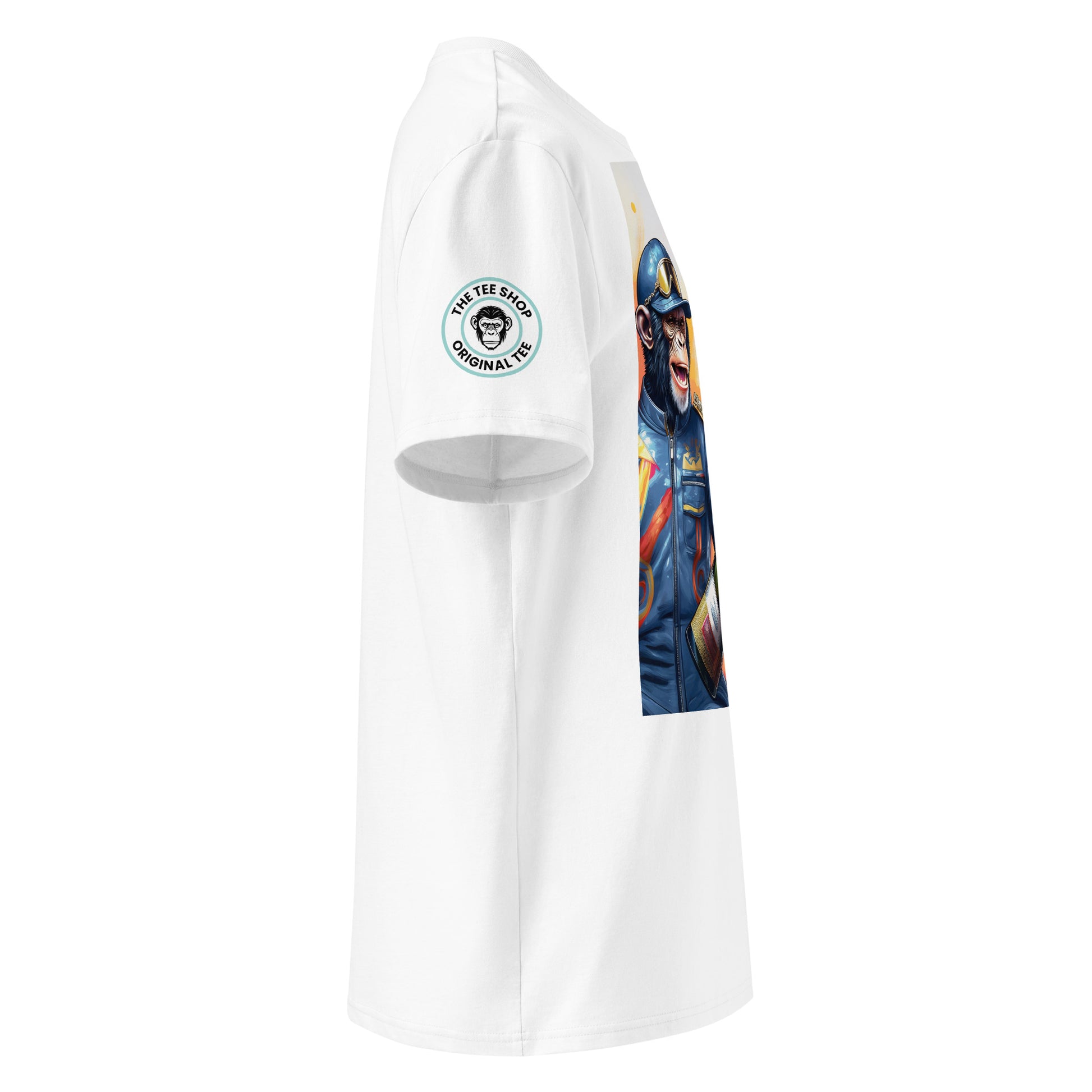 Right sleeve of Champers Monkey 1.0 t-shirt showing Monkey Bizness logo.