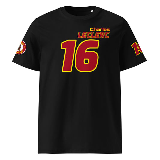View the front of the black Charles Leclerc T-Shirt, featuring "Charles LECLERC" and the number "16" in Ferrari red and yellow. Perfect for F1 fans and petrol heads.