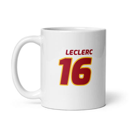 The Charles Leclerc Racing Mug featuring Charles's name and number "16" in vibrant Ferrari team colours. Ideal for enjoying a brew while watching the Grand Prix.