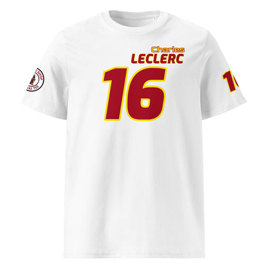 View the front of the white Charles Leclerc T-Shirt, featuring "Charles LECLERC" and the number "16" in Ferrari red and yellow. Perfect for F1 fans and petrol heads.