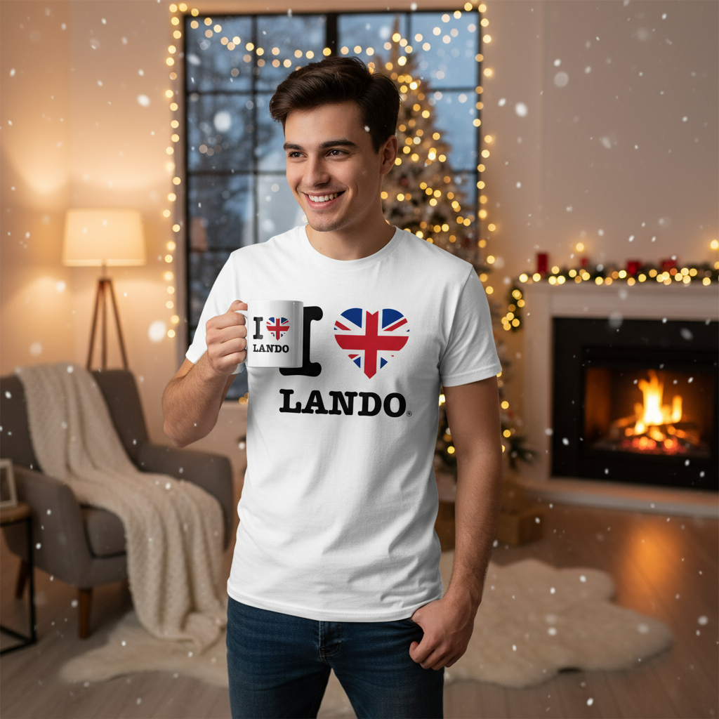 Man wearing a white t-shirt with 'I ❤️ Lando' design in a cozy room with Christmas decorations.