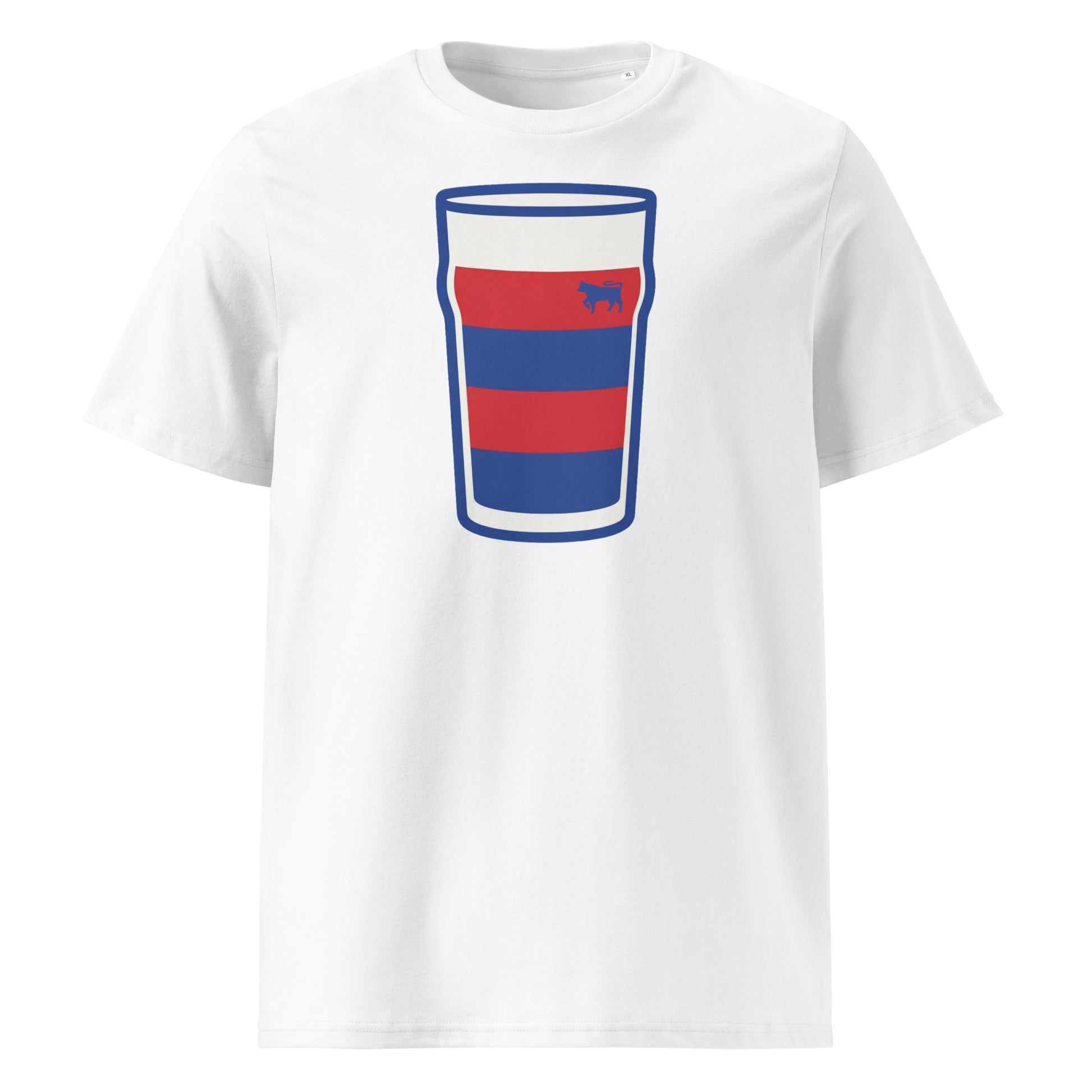 White Clontarf Mega Pint Rugby T-Shirt featuring a pint glass graphic in red and blue hooped club colours.