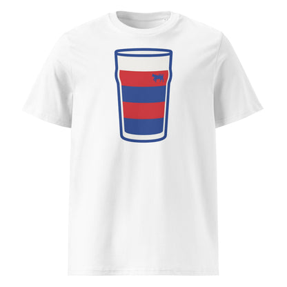 White Clontarf Mega Pint Rugby T-Shirt featuring a pint glass graphic in red and blue hooped club colours.