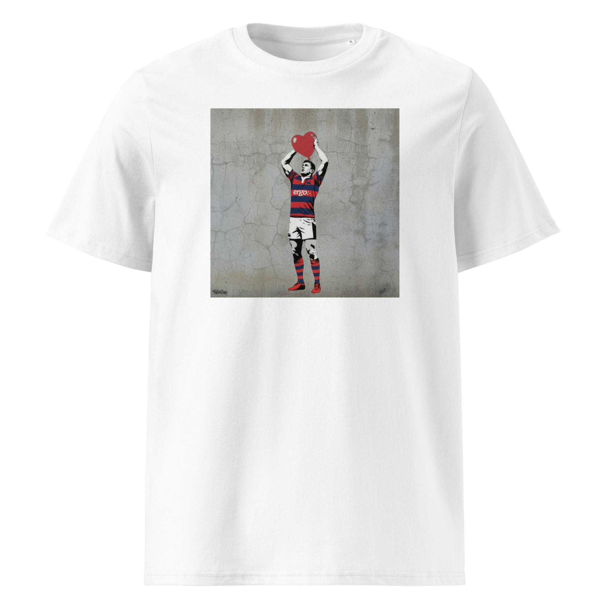White unisex organic cotton t‑shirt with street-art style print of a Clontarf RFC rugby hooker holding a red heart above his head, wearing red and navy hoops.