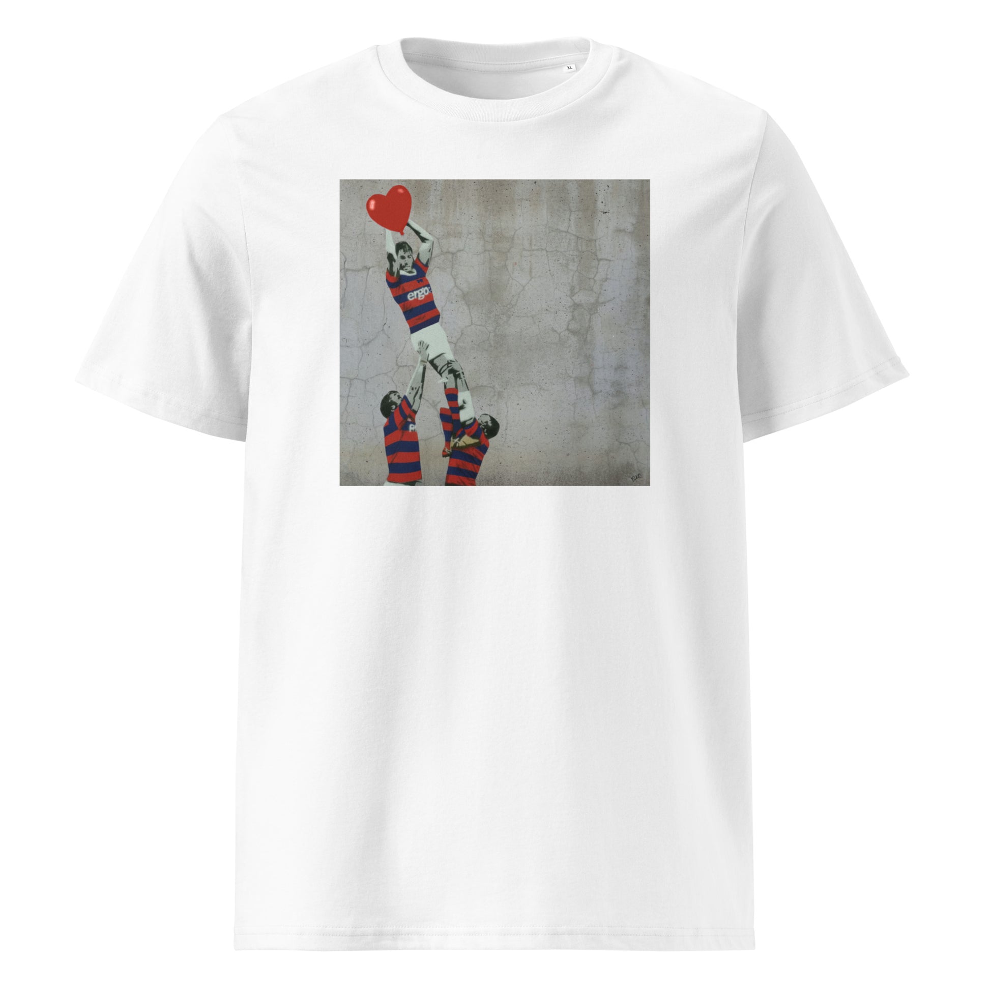 White unisex organic cotton t‑shirt with street-art style print of a Clontarf RFC rugby lineout, with a lifted jumper catching a red heart above two lifters in red and navy hoops.